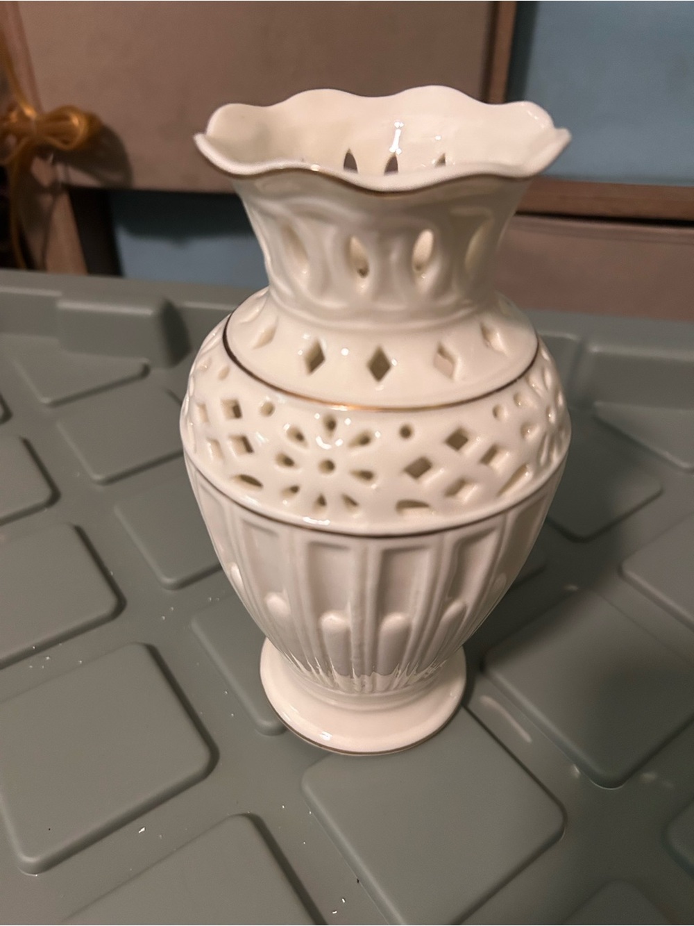 Ivory Ceramic Pierced Decorative Vase with Scalloped Rim